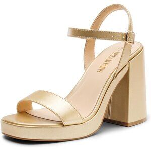 Women's Gold High Open Toe Chunky Ankle Strap Stylish Sandal Comfort Heel Shoe